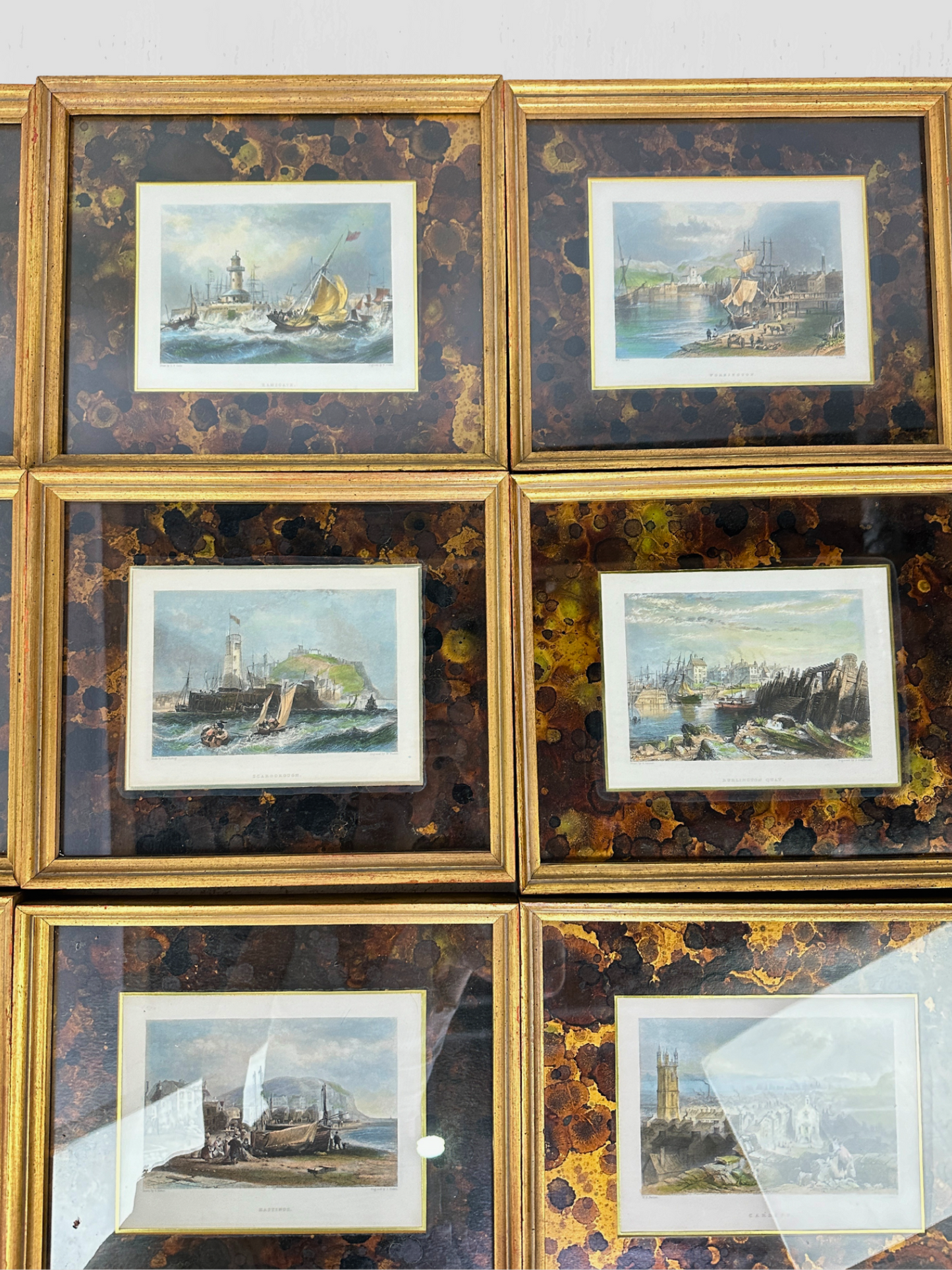 Set of 12 Hand Colored Nautical Engravings with Gold Leaf Frames