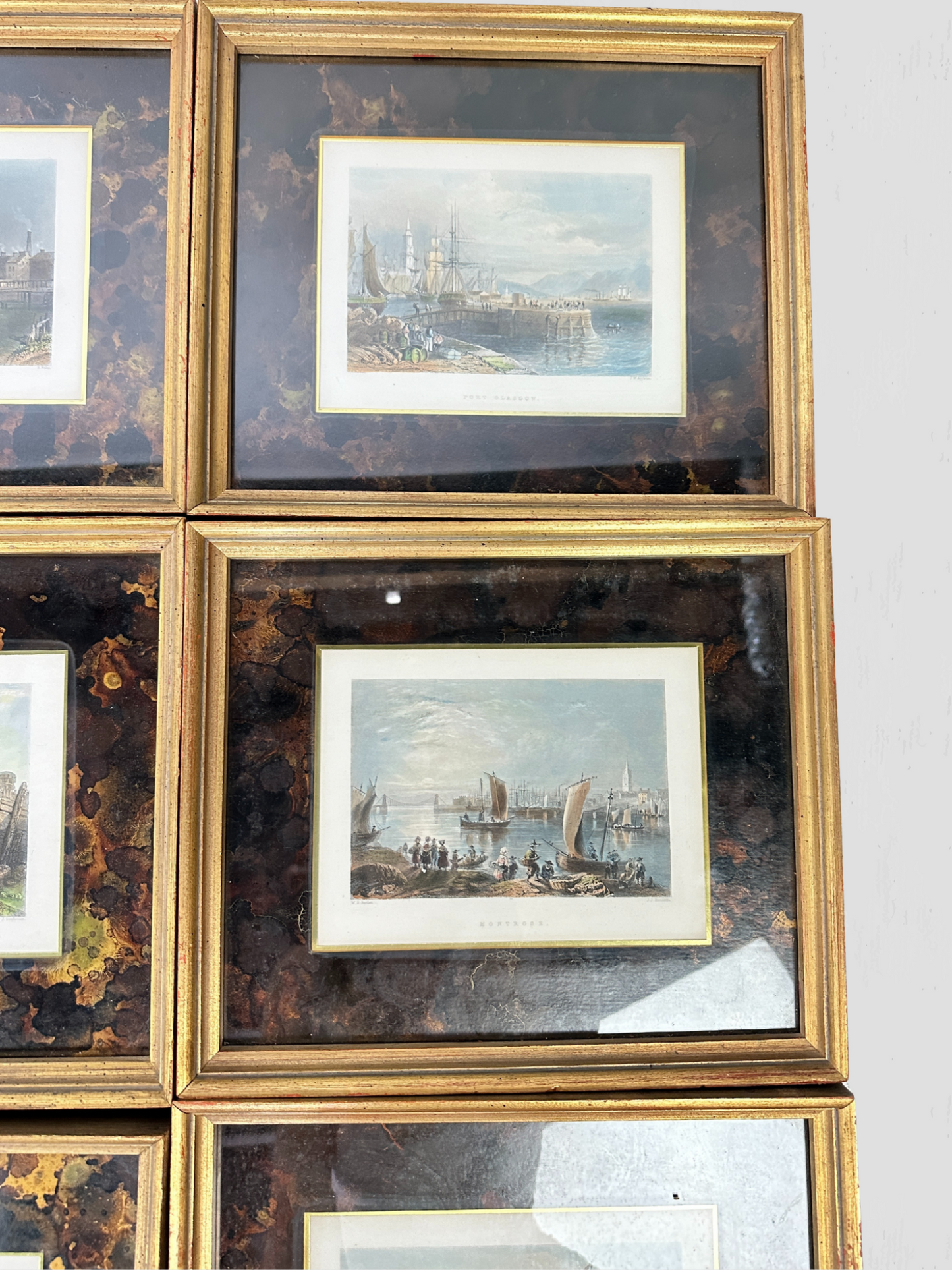 Set of 12 Hand Colored Nautical Engravings with Gold Leaf Frames
