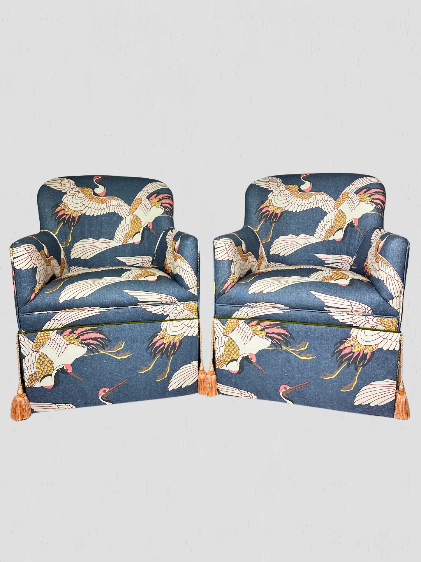 Custom Upholstered Arm Chairs with Blue Heron Print & Tassels