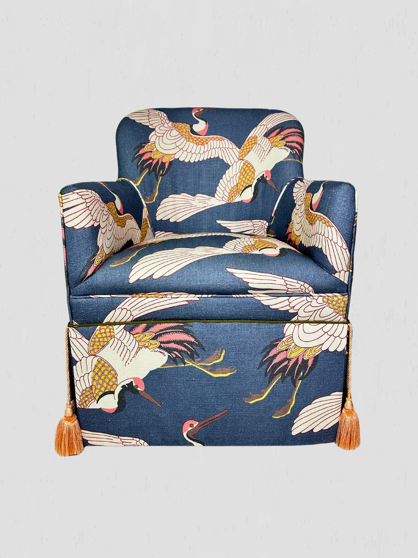 Custom Upholstered Arm Chairs with Blue Heron Print & Tassels