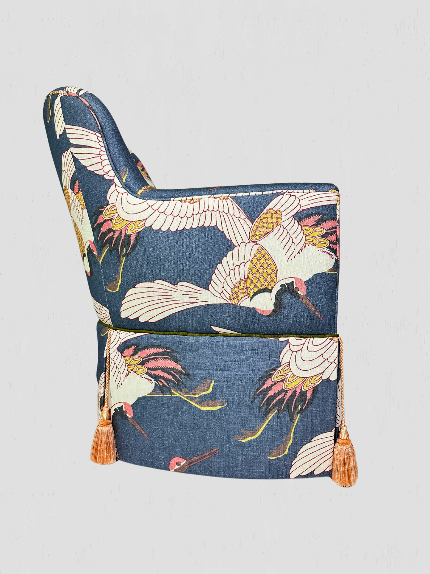 Custom Upholstered Arm Chairs with Blue Heron Print & Tassels