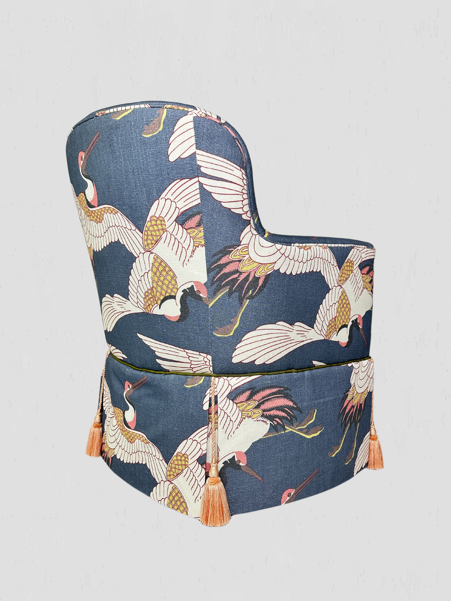 Custom Upholstered Arm Chairs with Blue Heron Print & Tassels