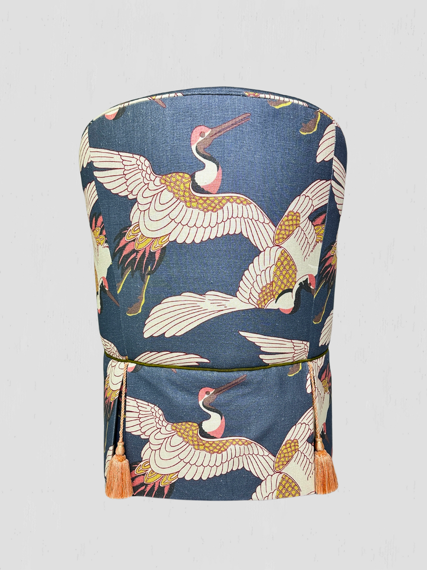 Custom Upholstered Arm Chairs with Blue Heron Print & Tassels