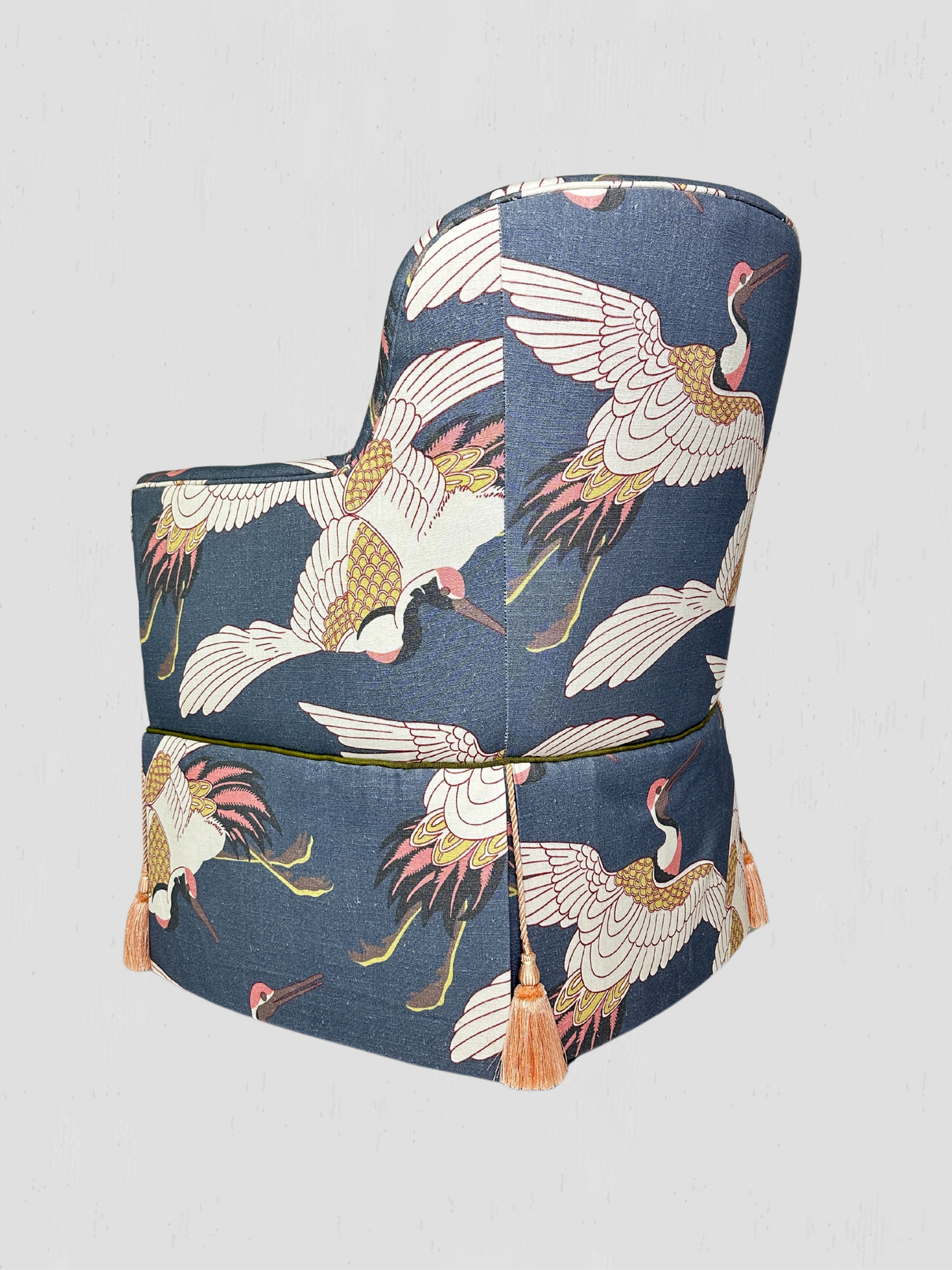 Custom Upholstered Arm Chairs with Blue Heron Print & Tassels