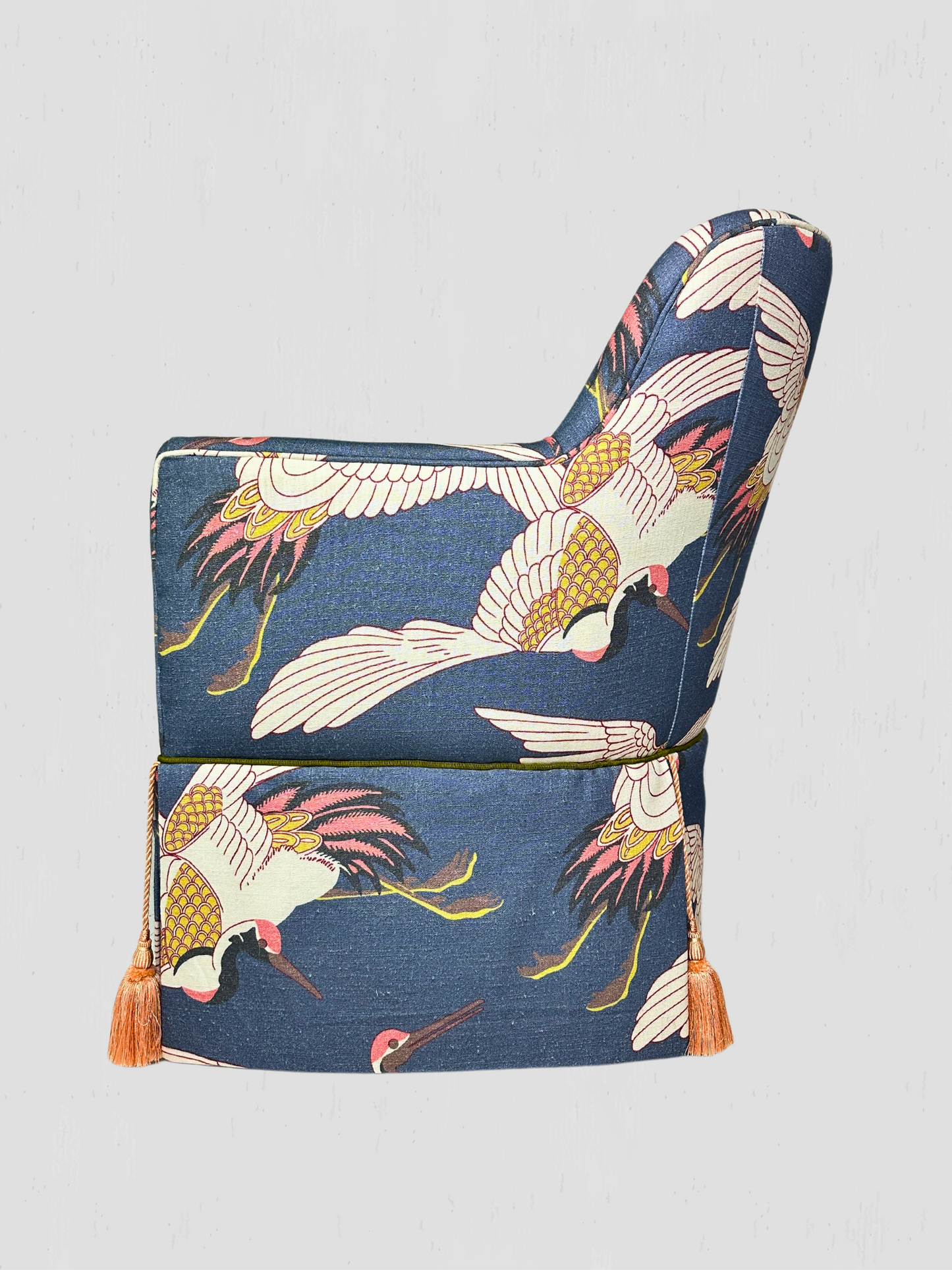 Custom Upholstered Arm Chairs with Blue Heron Print & Tassels