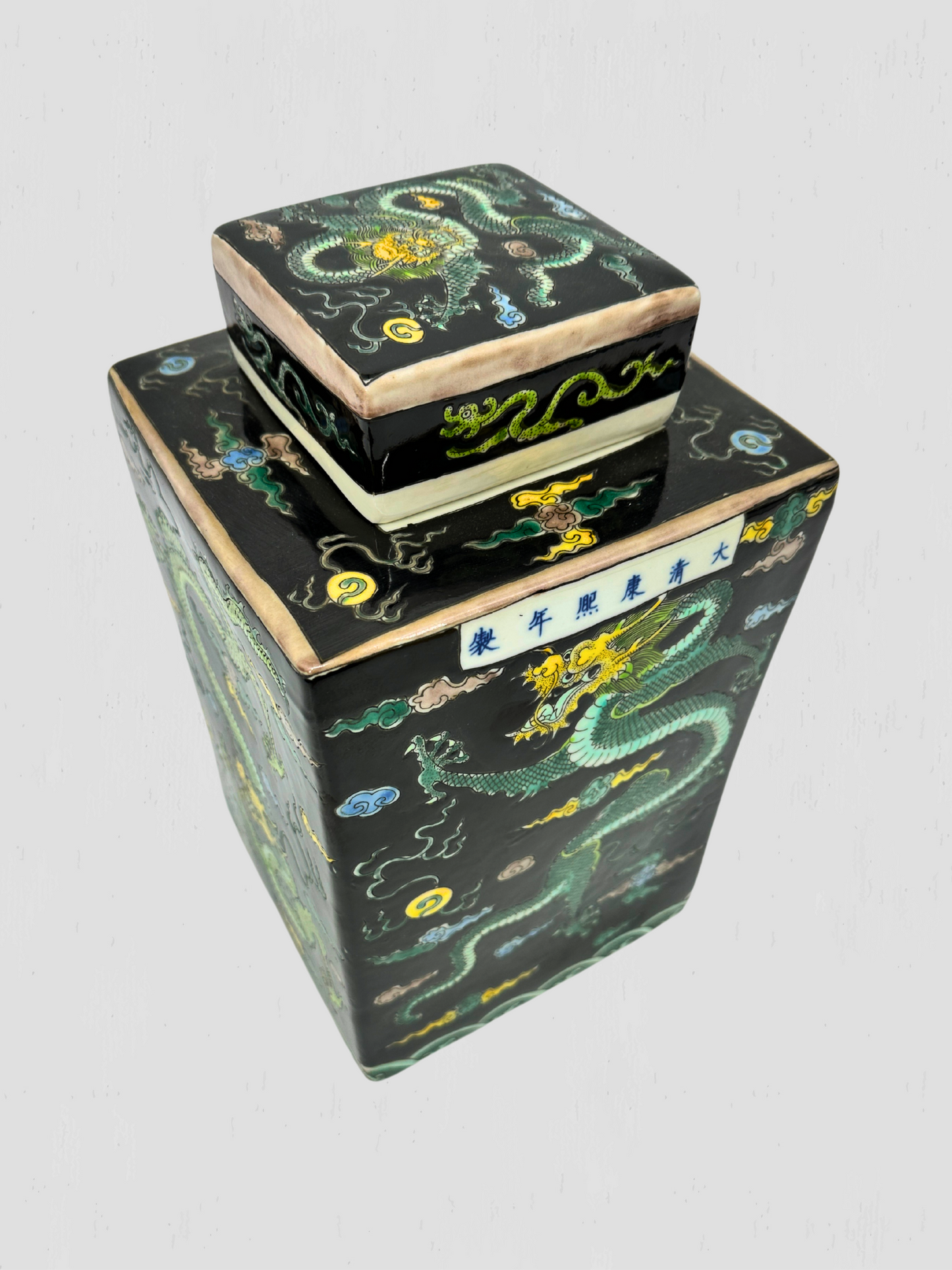 Black & Green Dragon Motif Porcelain Square Lidded Tea Jar