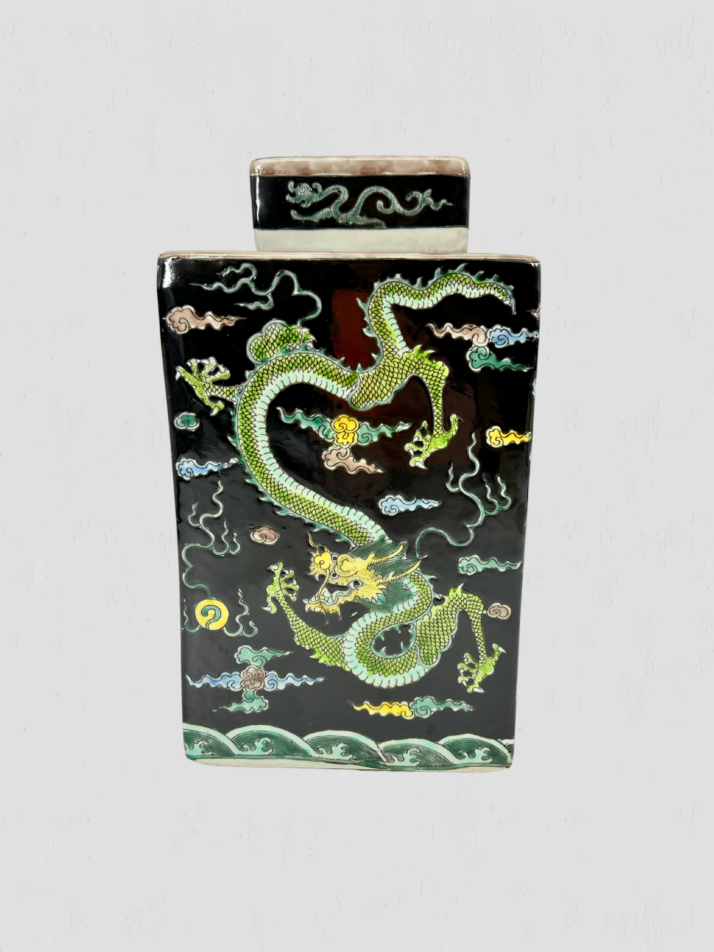 Black & Green Dragon Motif Porcelain Square Lidded Tea Jar