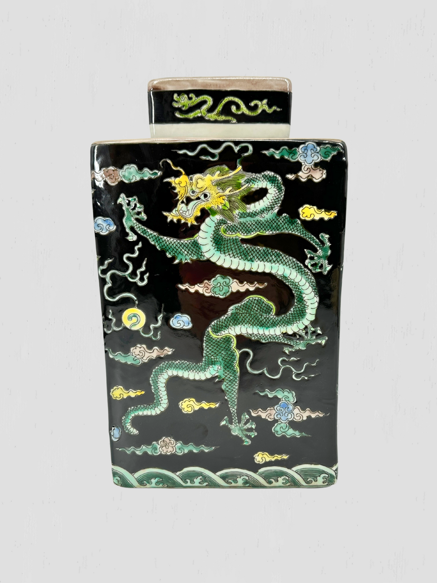 Black & Green Dragon Motif Porcelain Square Lidded Tea Jar