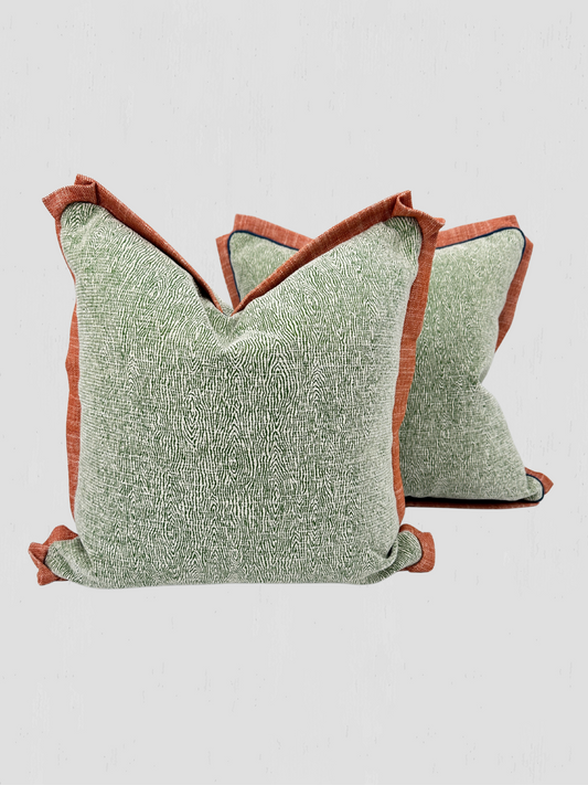 Faux Bois Green with Linen Mitered Flange Samuel & Sons Cord Pillow Pair