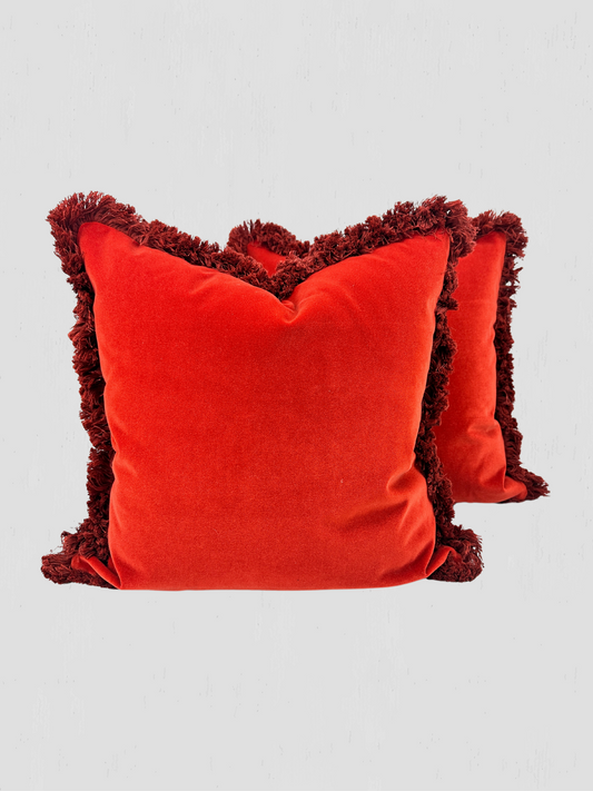 Orange Velvet Brushed Fringe Pillow Pair