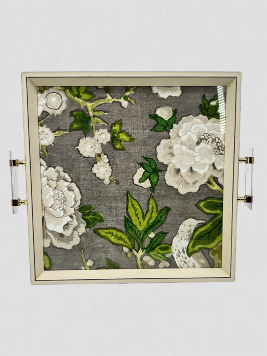 Floral Decorative Tray Lucite Handles