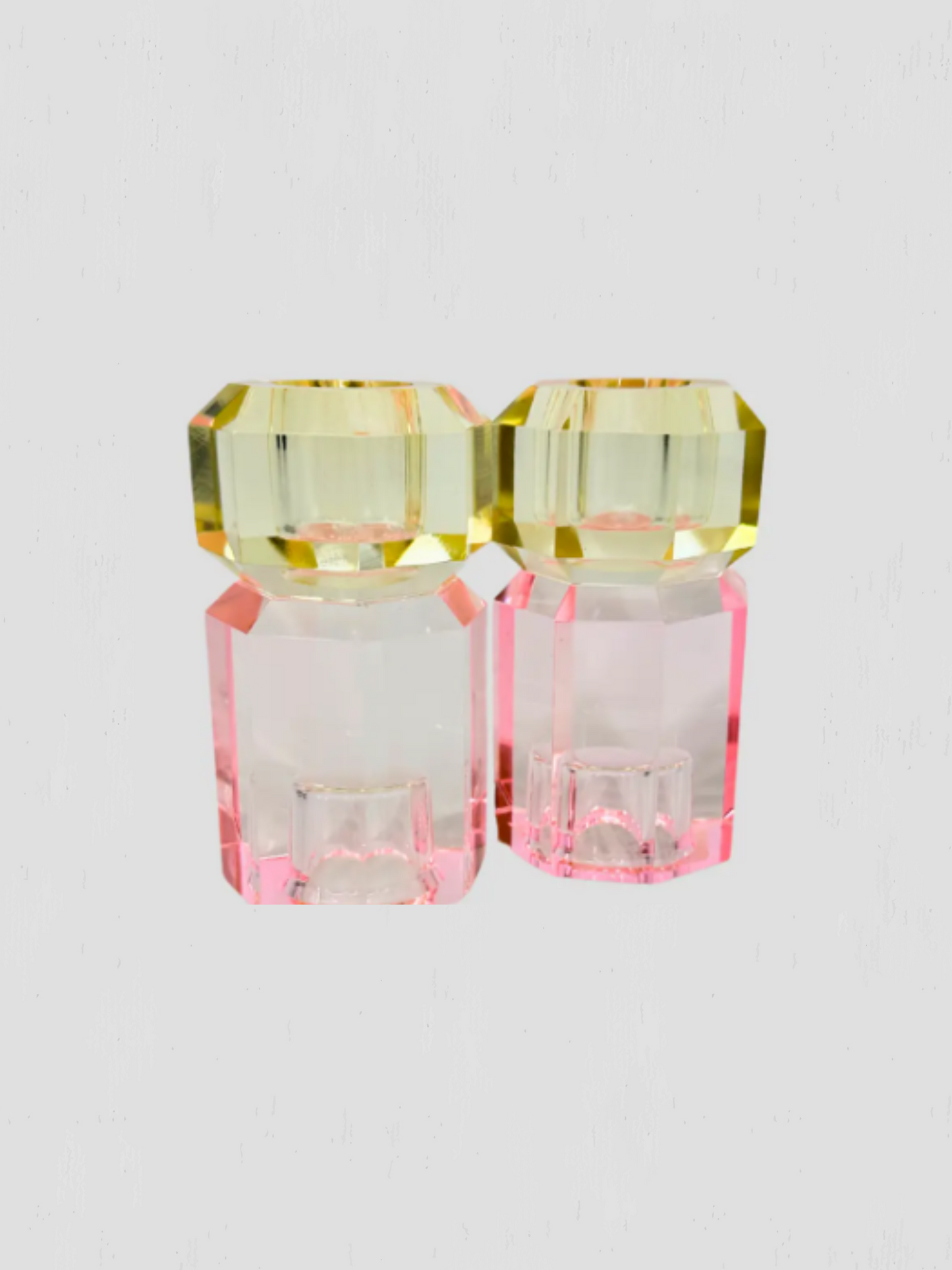 Faceted Crystal Candle Holder Pair Light Pink Butter Yellow