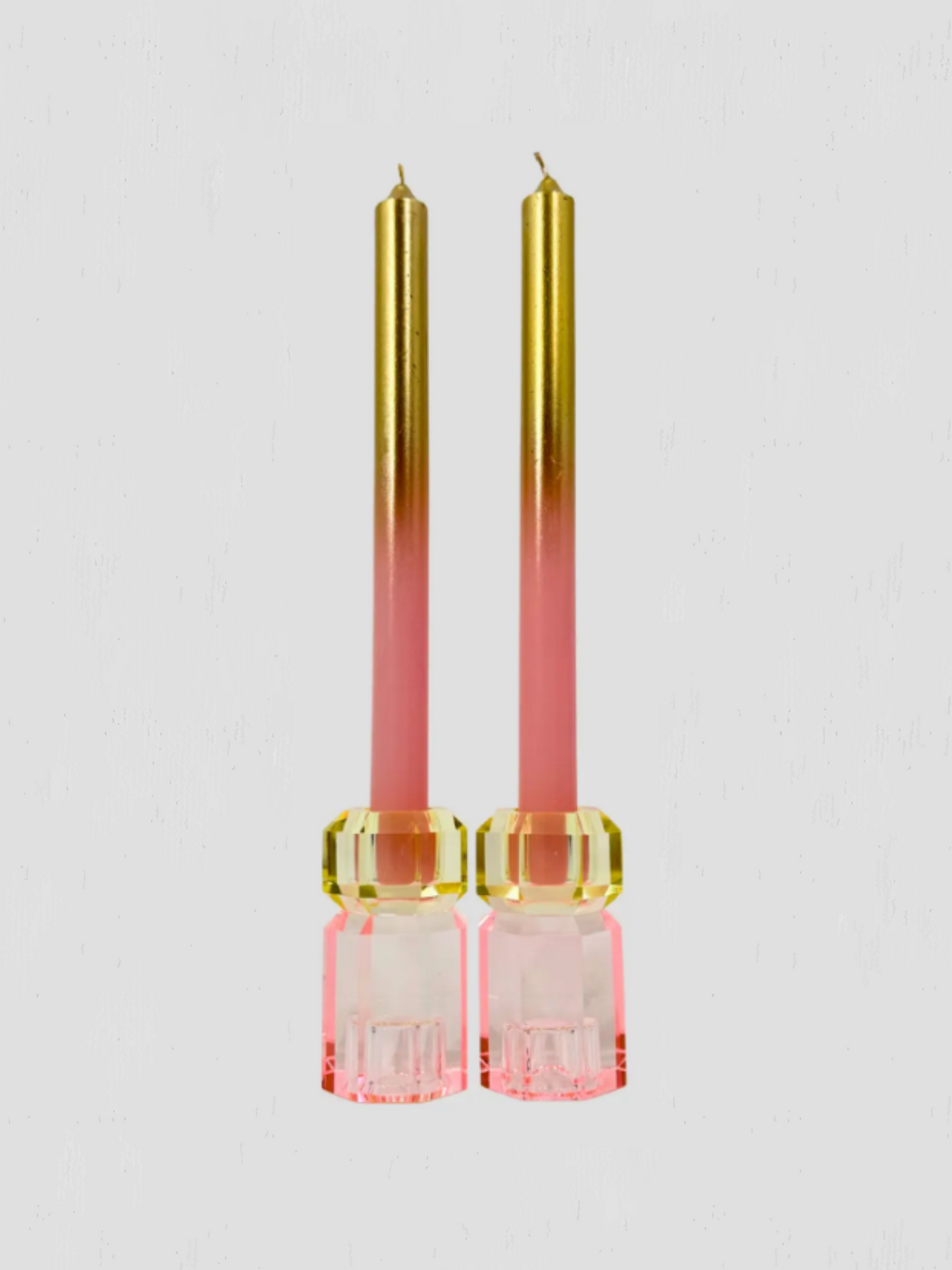 Faceted Crystal Candle Holder Pair Light Pink Butter Yellow