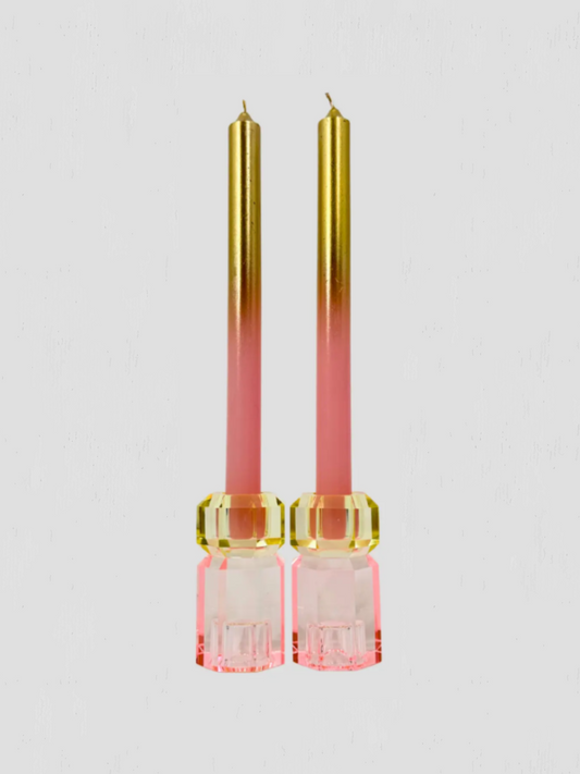 Faceted Crystal Candle Holder Pair Light Pink Butter Yellow