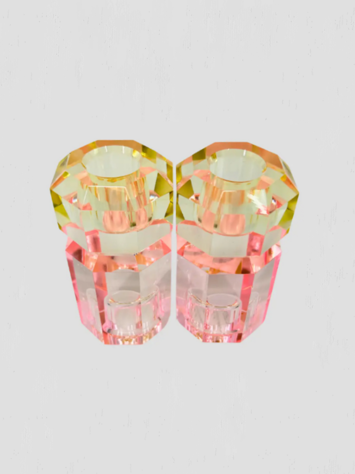 Faceted Crystal Candle Holder Pair Light Pink Butter Yellow