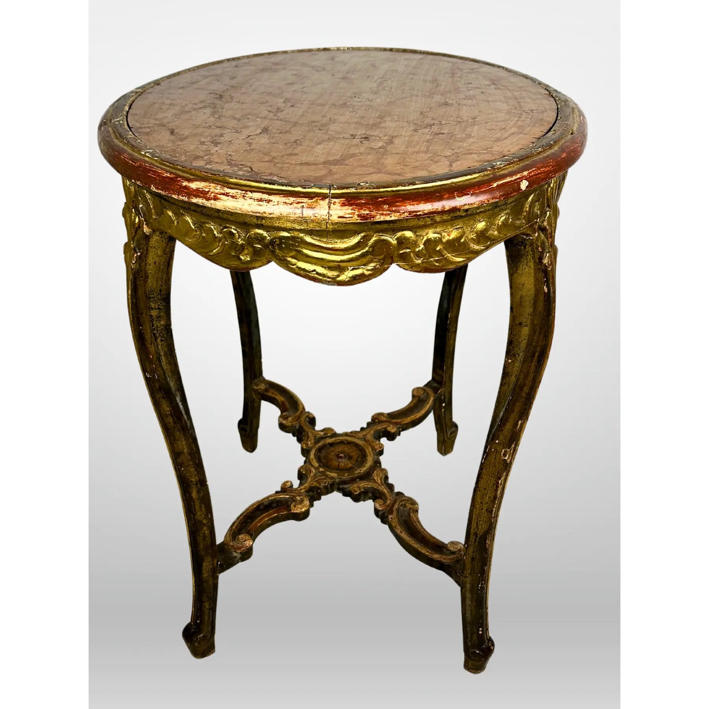 French Marble Top Table Carved Stretcher Base Antique 19th Century