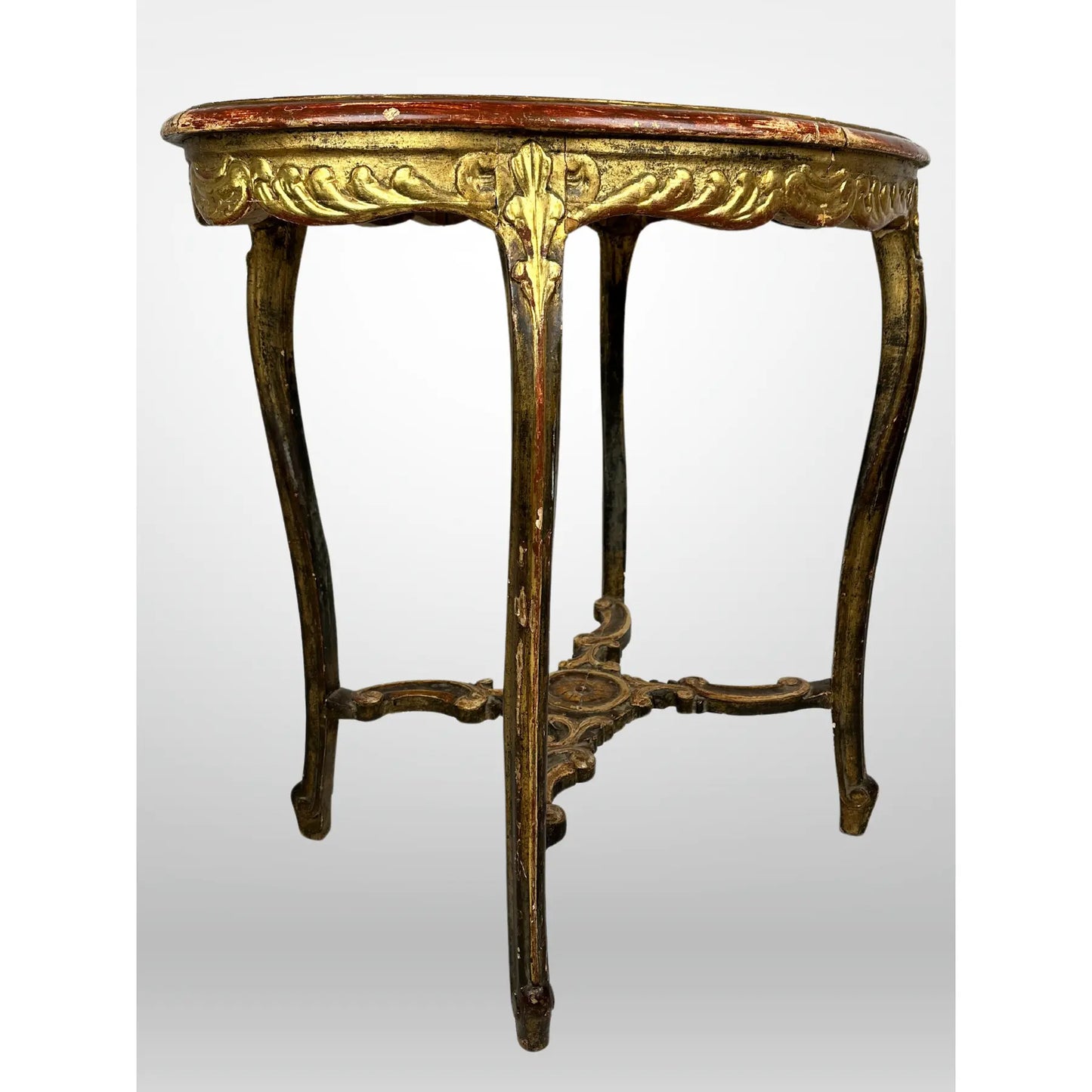 French Marble Top Table Carved Stretcher Base Antique 19th Century