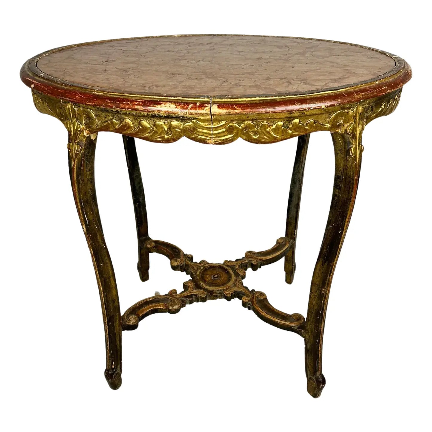 French Marble Top Table Carved Stretcher Base Antique 19th Century