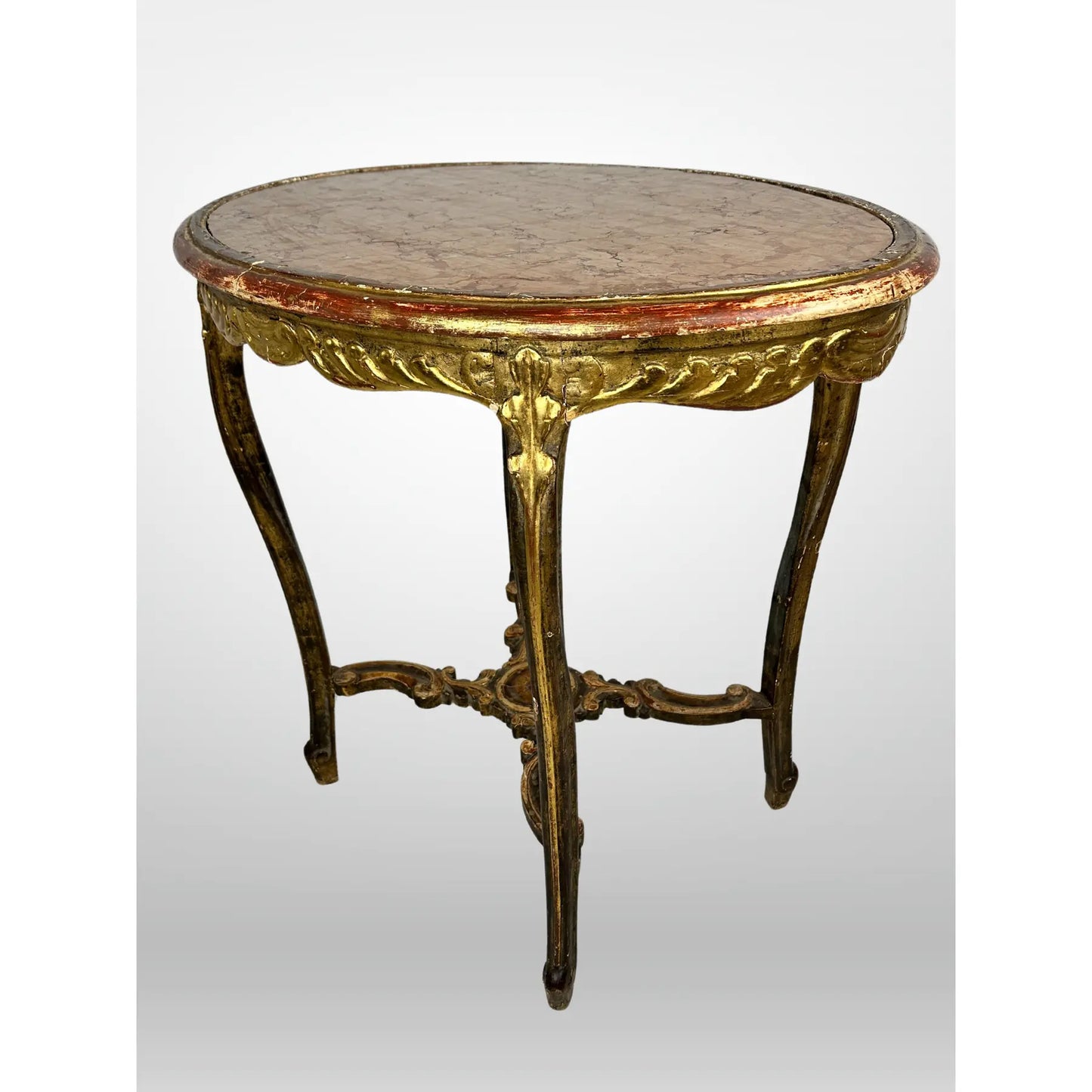 French Marble Top Table Carved Stretcher Base Antique 19th Century