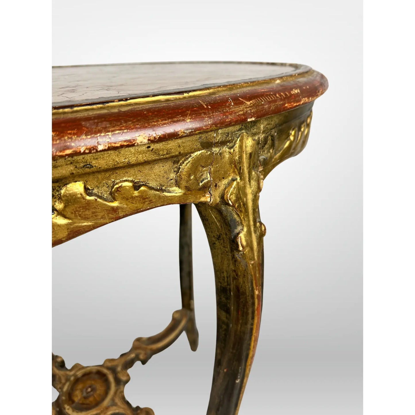 French Marble Top Table Carved Stretcher Base Antique 19th Century