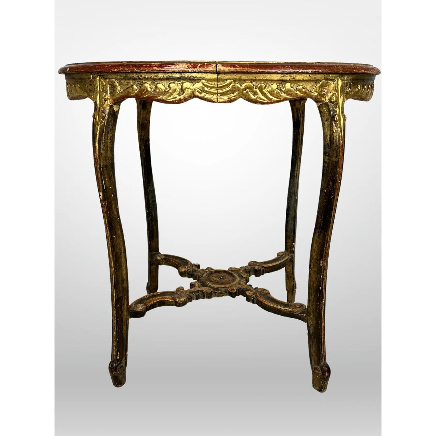 French Marble Top Table Carved Stretcher Base Antique 19th Century