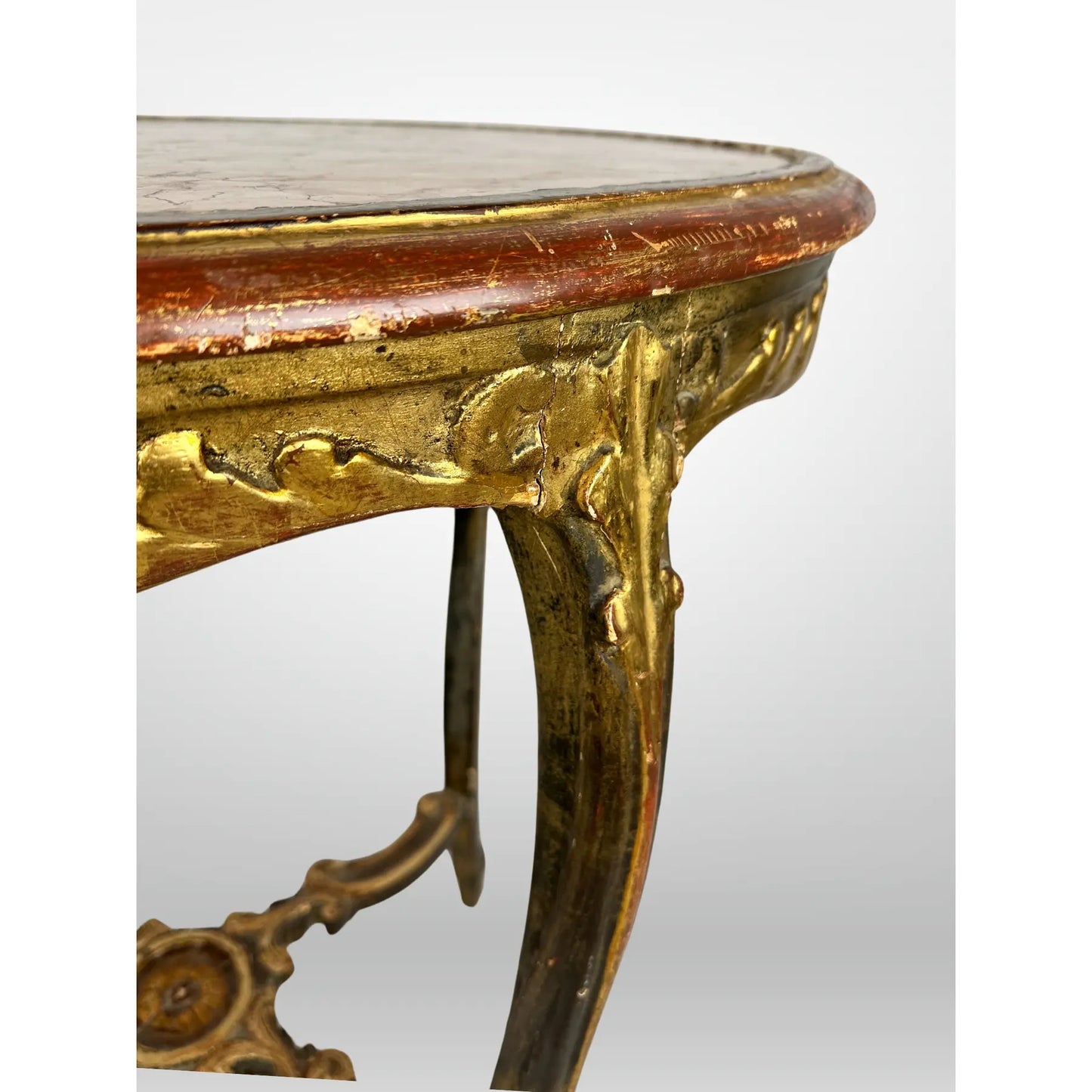 French Marble Top Table Carved Stretcher Base Antique 19th Century