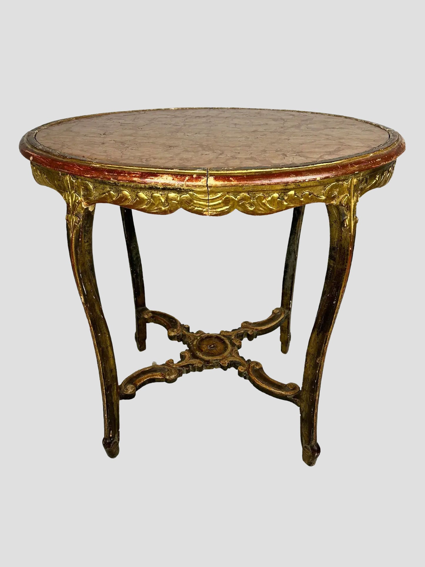 French Marble Top Table Carved Stretcher Base Antique 19th Century