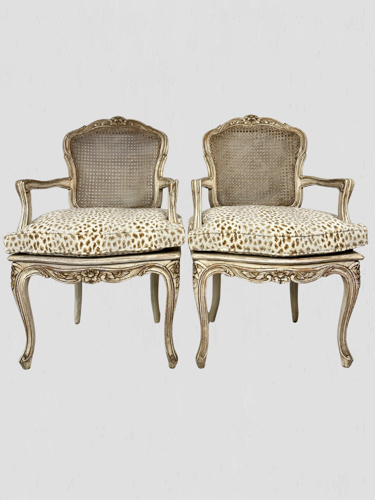 Painted Frame Caned Back French Leopard Arm Chairs Pair