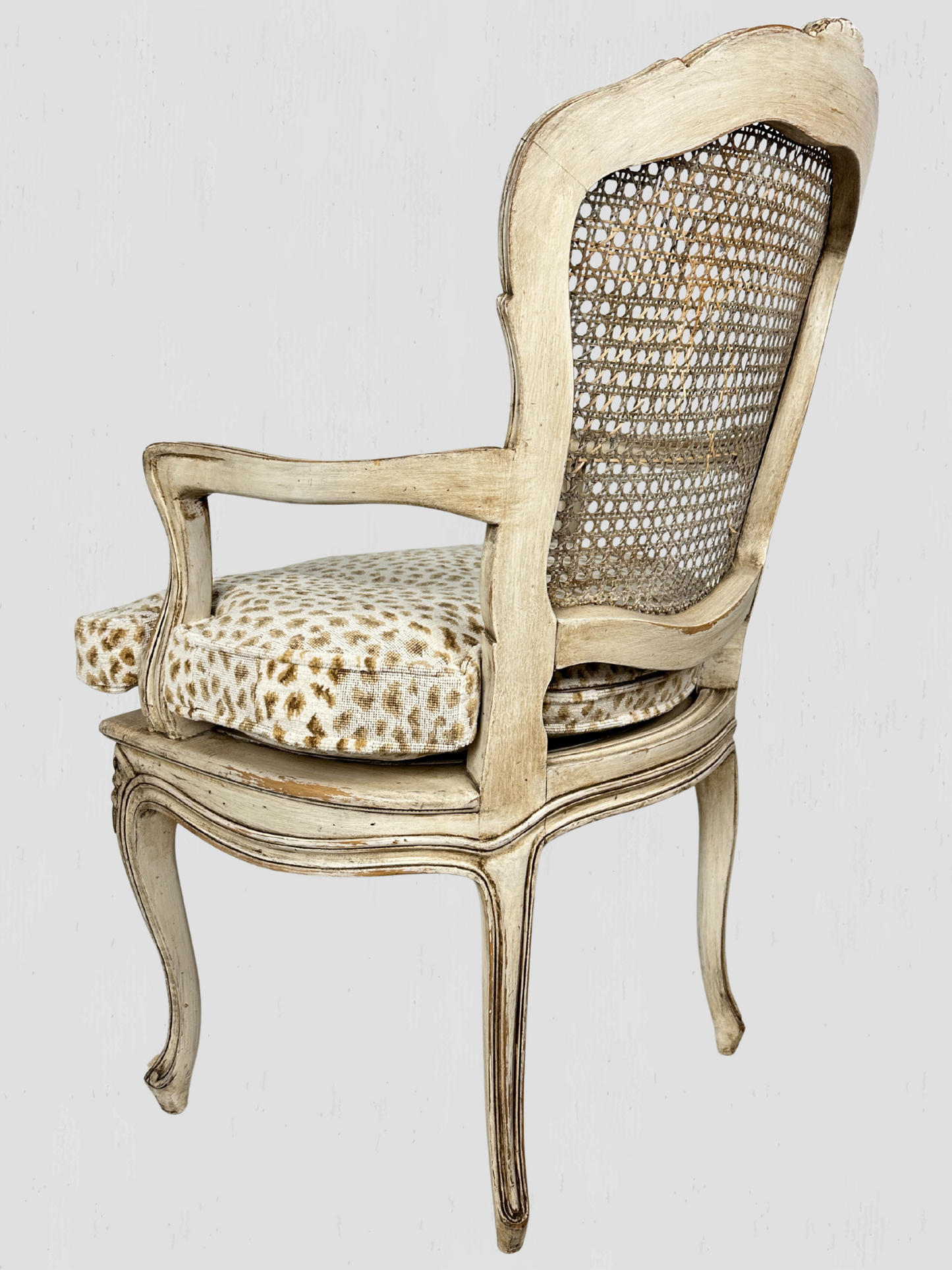 Painted Frame Caned Back French Leopard Arm Chairs Pair