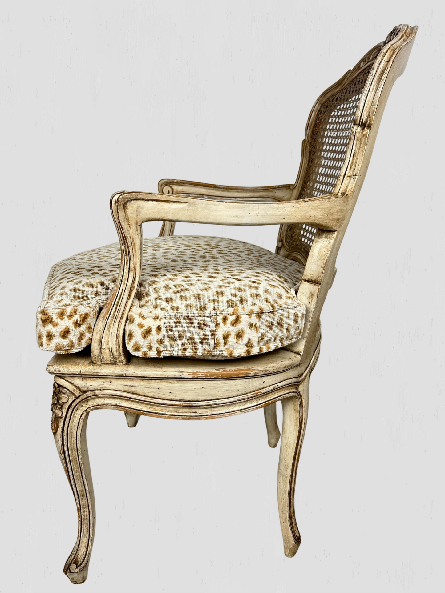 Painted Frame Caned Back French Leopard Arm Chairs Pair