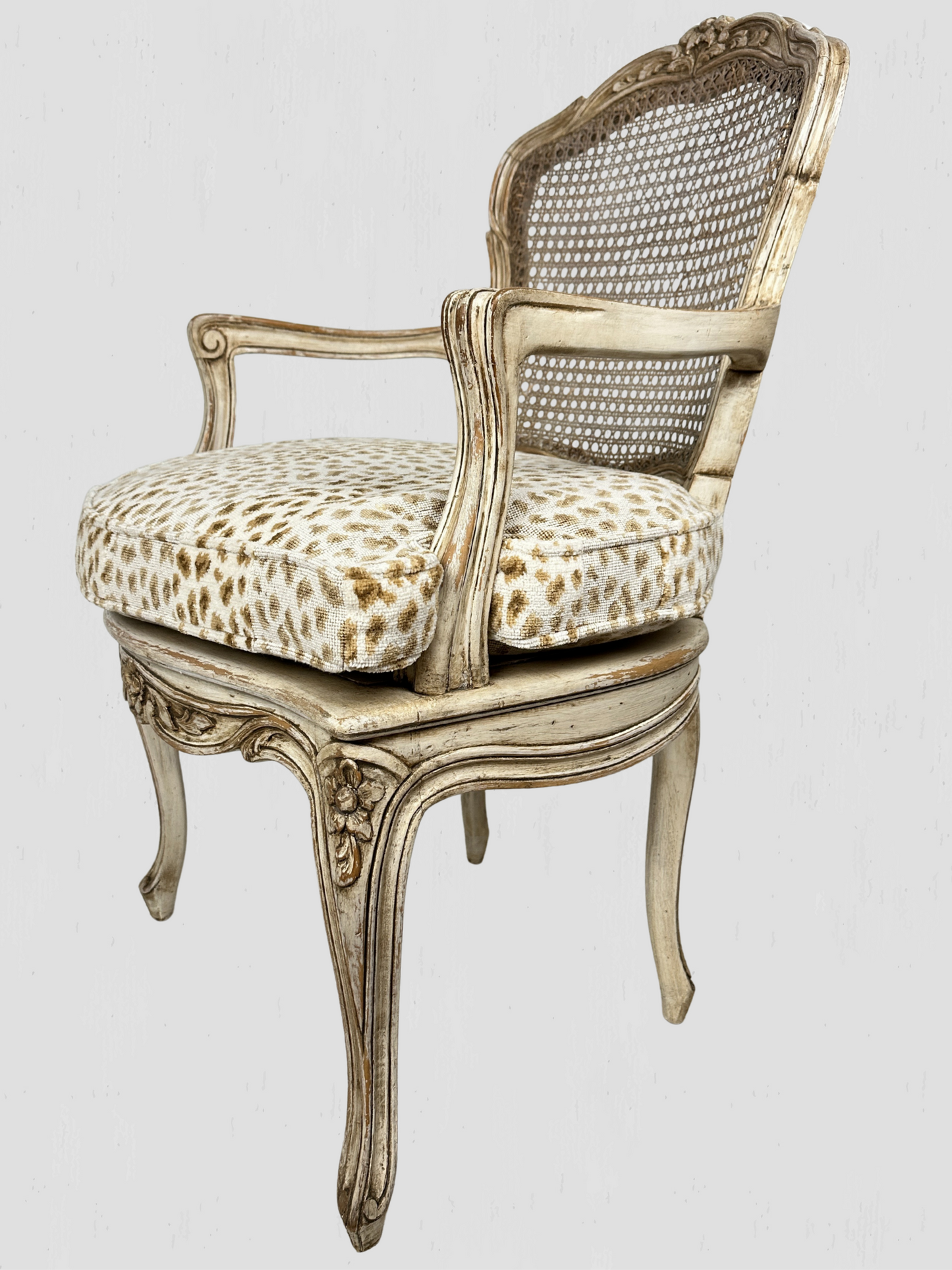 Painted Frame Caned Back French Leopard Arm Chairs Pair
