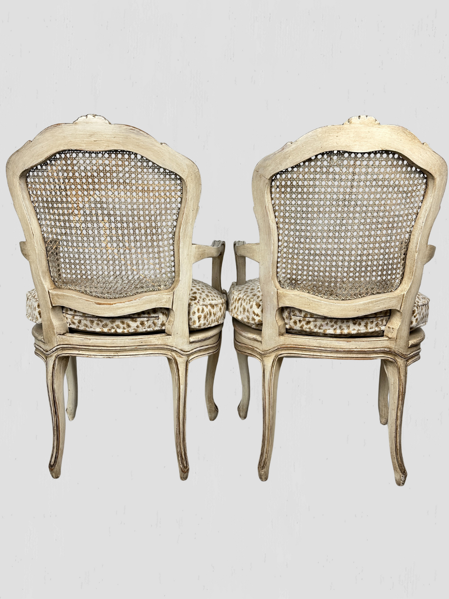 Painted Frame Caned Back French Leopard Arm Chairs Pair
