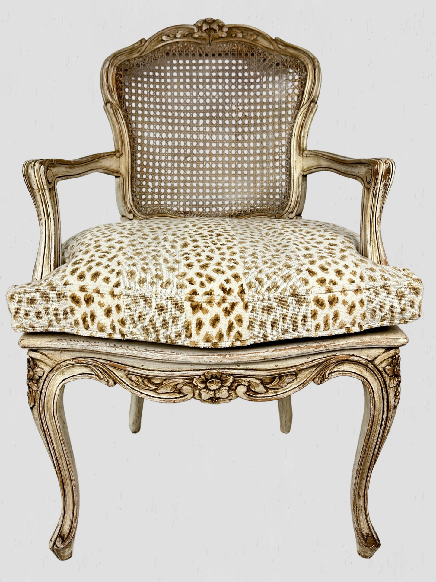 Painted Frame Caned Back French Leopard Arm Chairs Pair