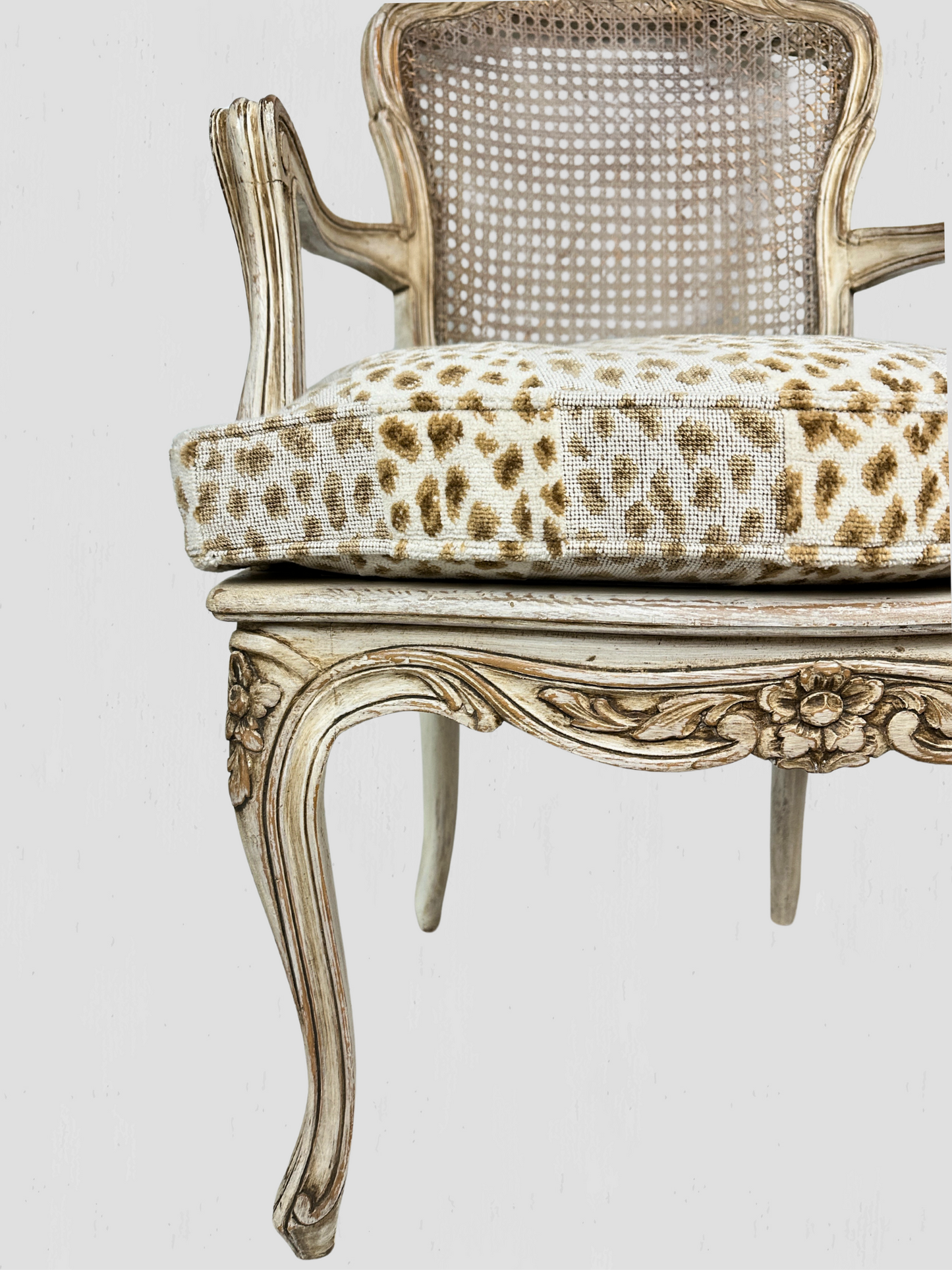 Painted Frame Caned Back French Leopard Arm Chairs Pair