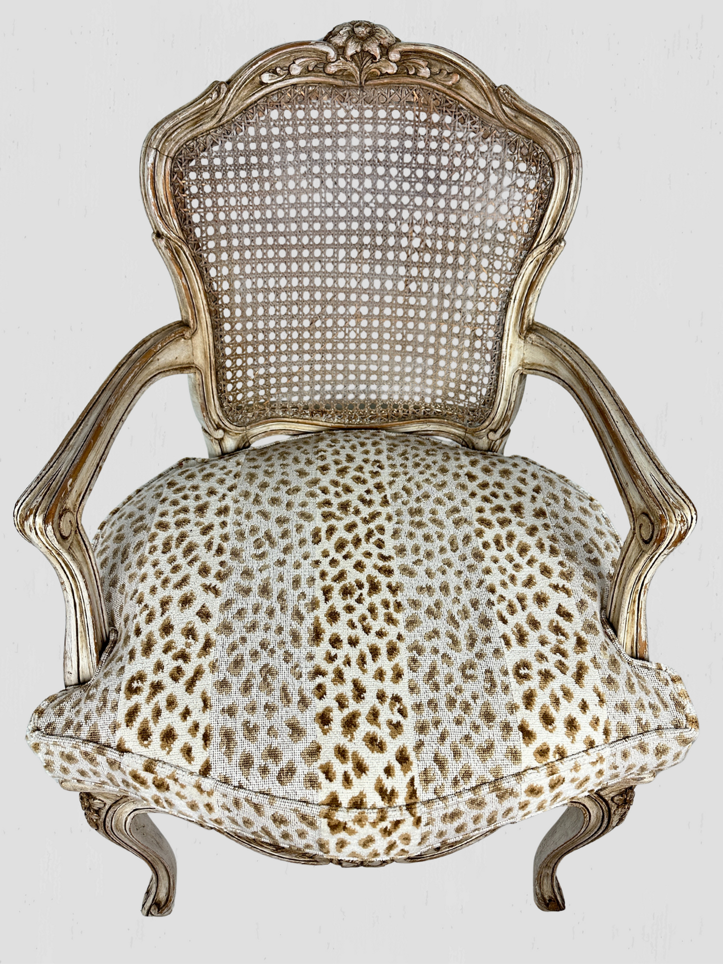 Painted Frame Caned Back French Leopard Arm Chairs Pair