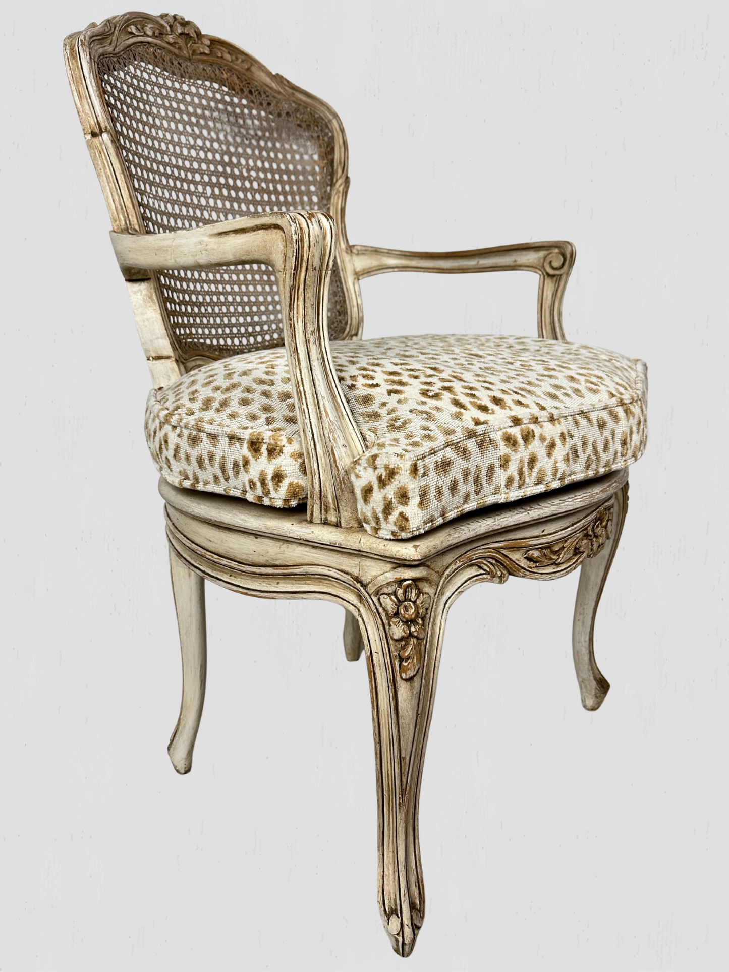 Painted Frame Caned Back French Leopard Arm Chairs Pair