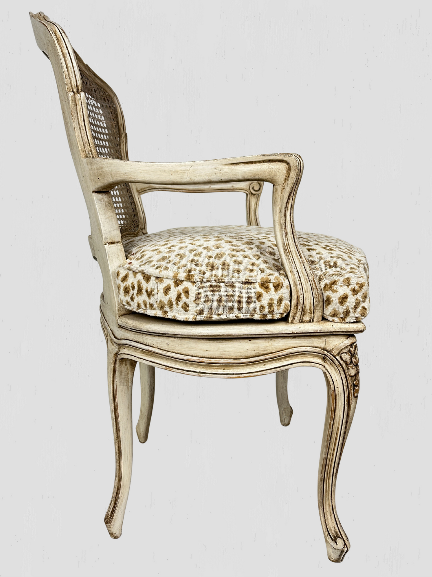 Painted Frame Caned Back French Leopard Arm Chairs Pair