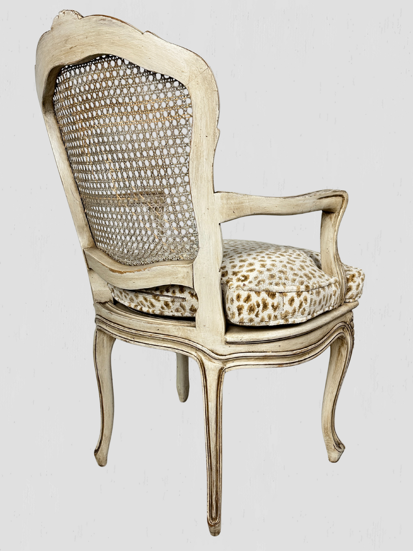 Painted Frame Caned Back French Leopard Arm Chairs Pair