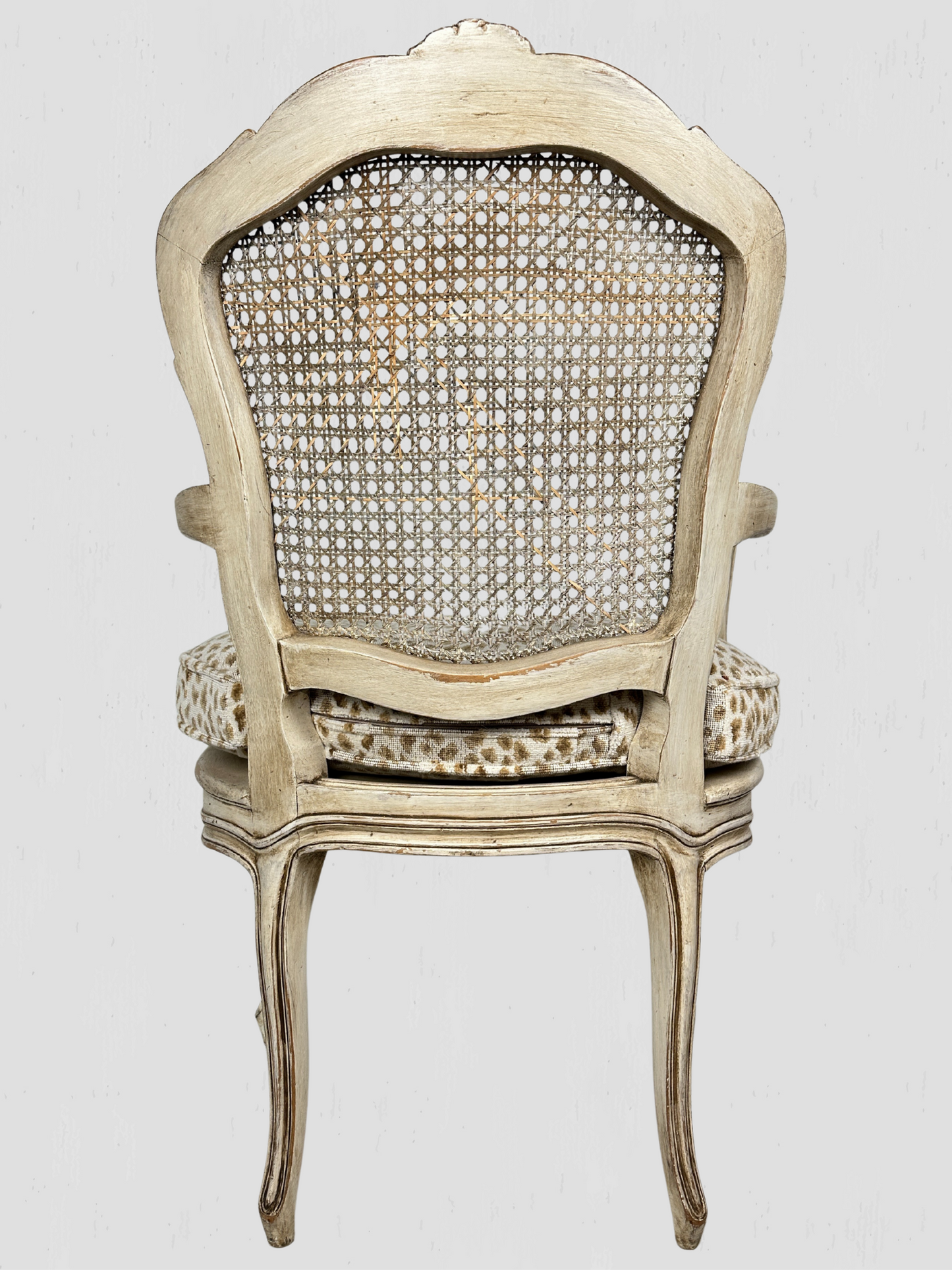 Painted Frame Caned Back French Leopard Arm Chairs Pair