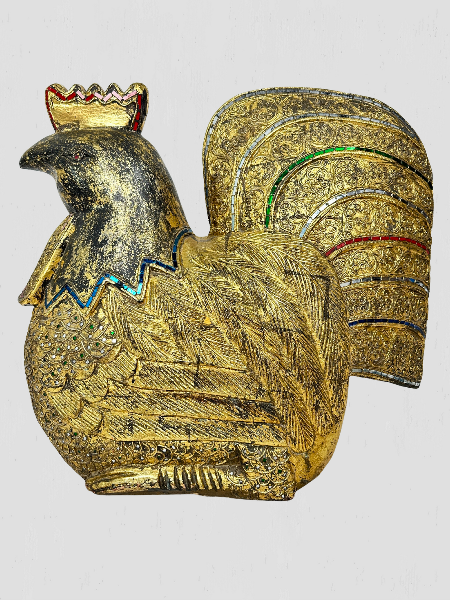 Large Solid Wood Carved Golden Rooster Sculpture
