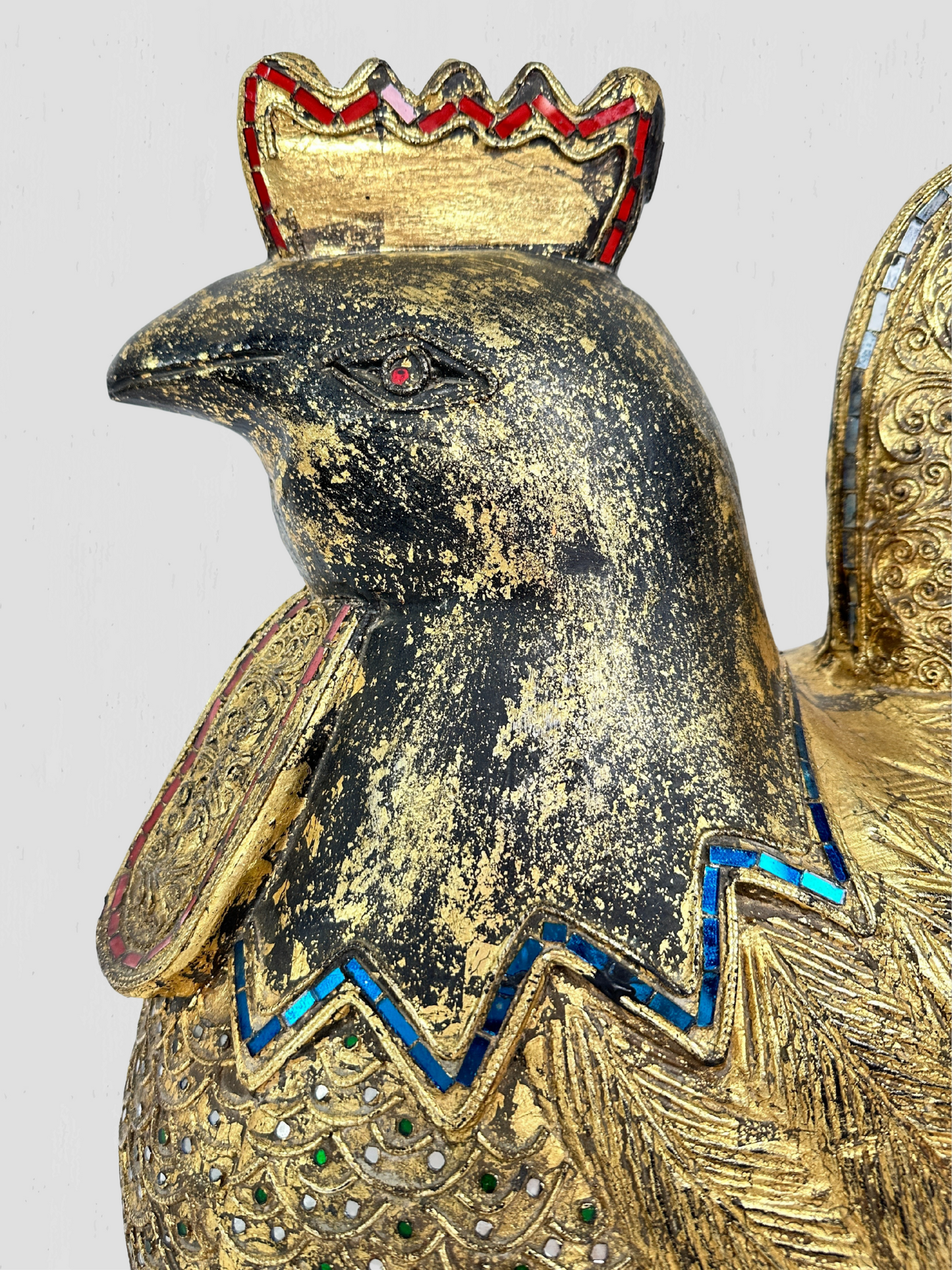 Large Solid Wood Carved Golden Rooster Sculpture
