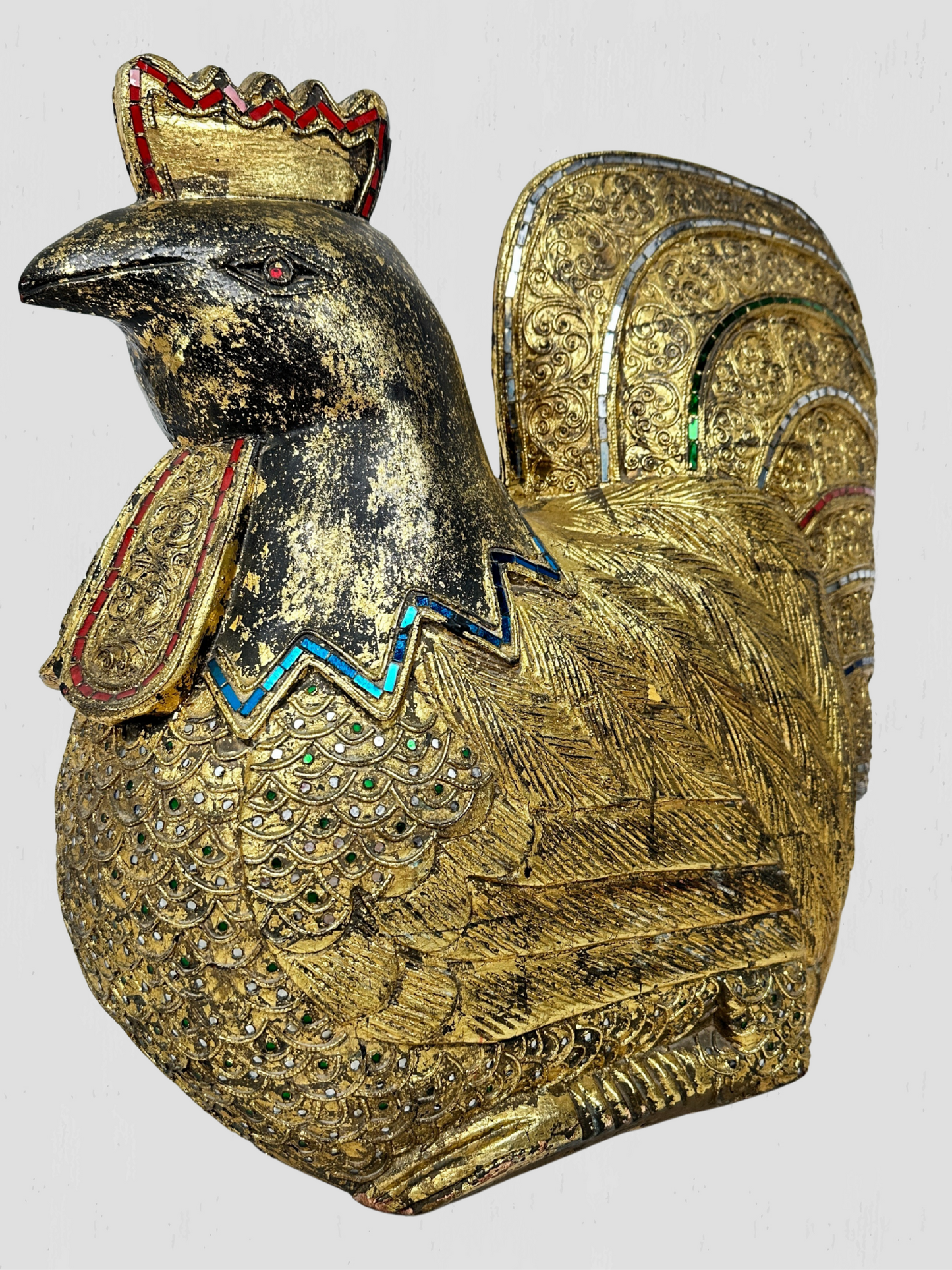 Large Solid Wood Carved Golden Rooster Sculpture