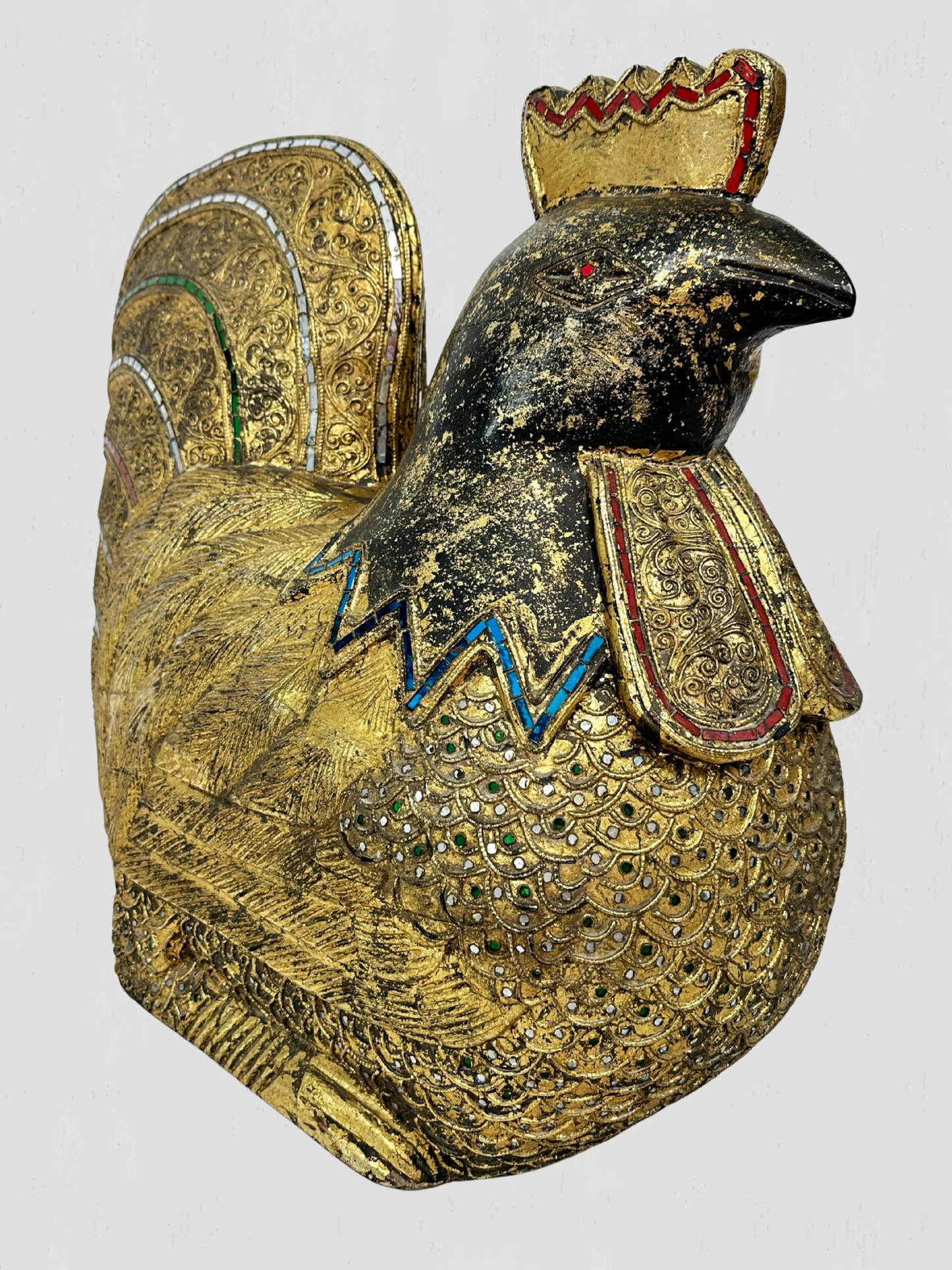 Large Solid Wood Carved Golden Rooster Sculpture