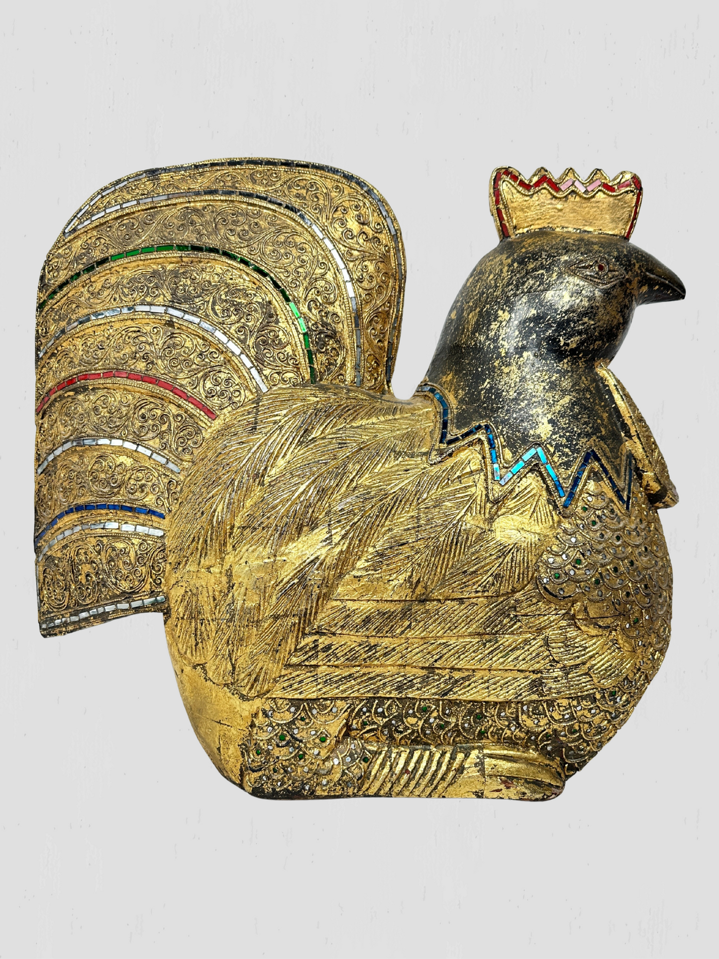 Large Solid Wood Carved Golden Rooster Sculpture