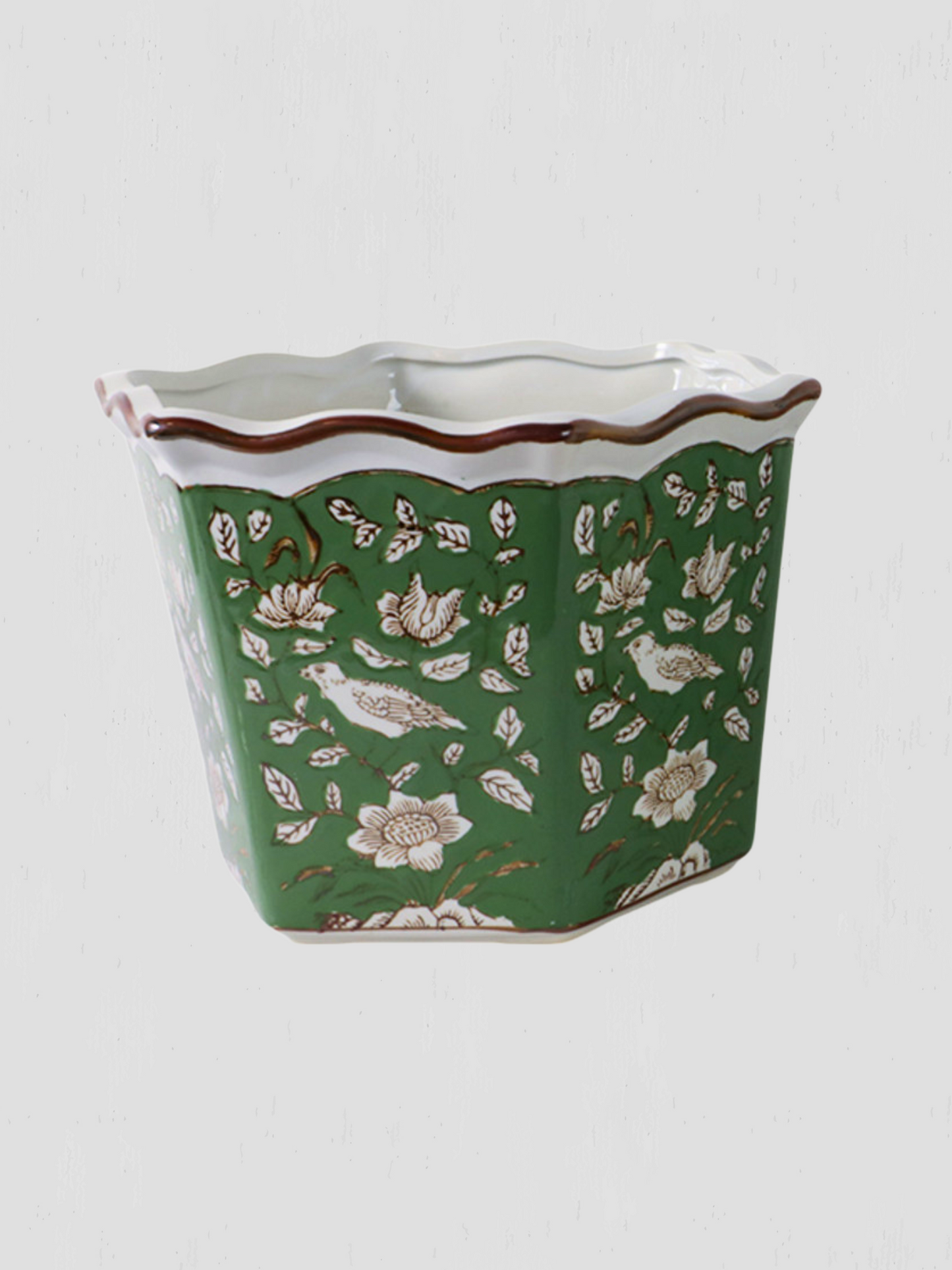 Large Green Chinoiserie Bird Planter