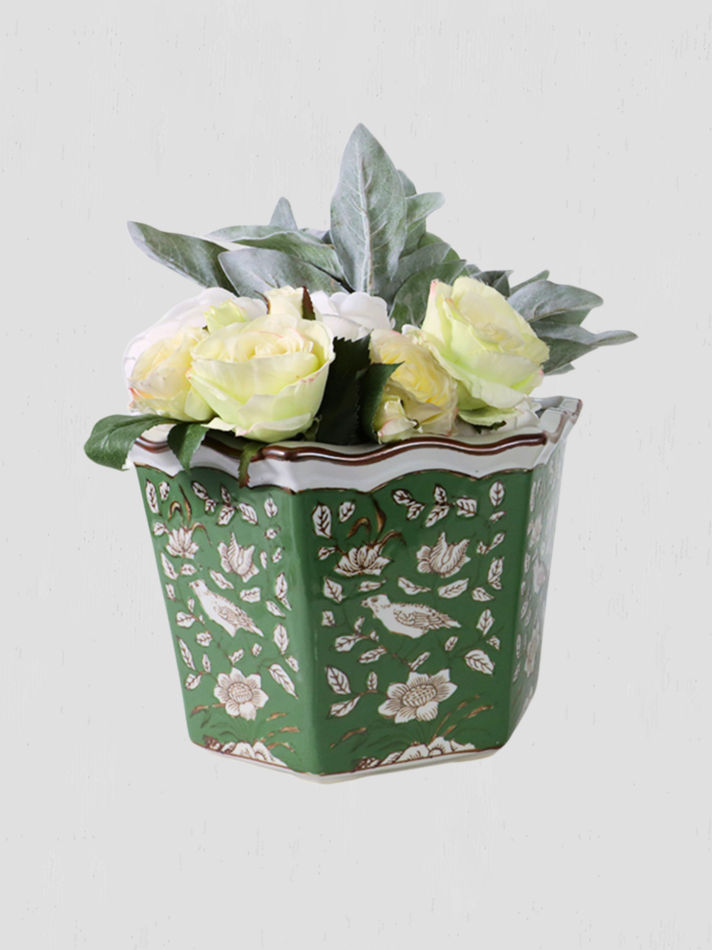Large Green Chinoiserie Bird Planter