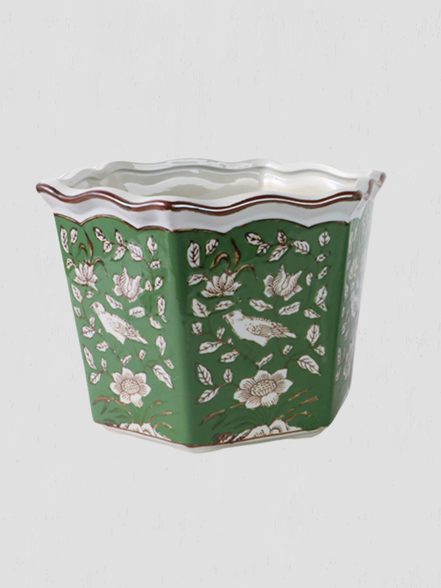 Large Green Chinoiserie Bird Planter