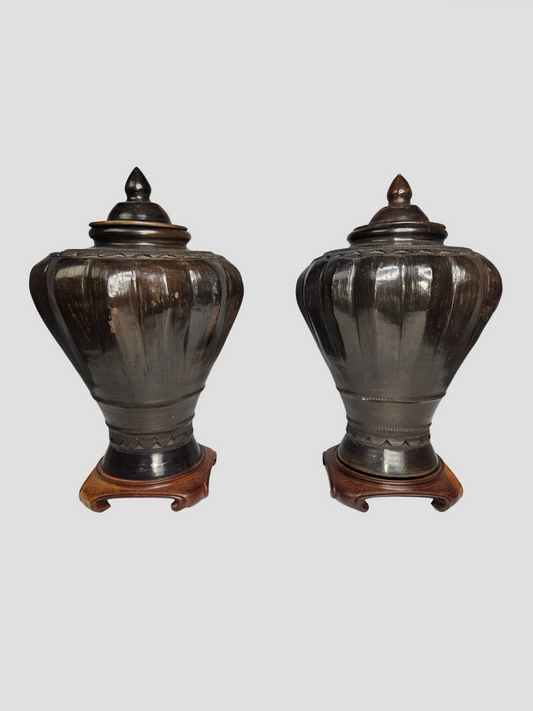 Cambodian Khmer Urns With Lids - Pair
