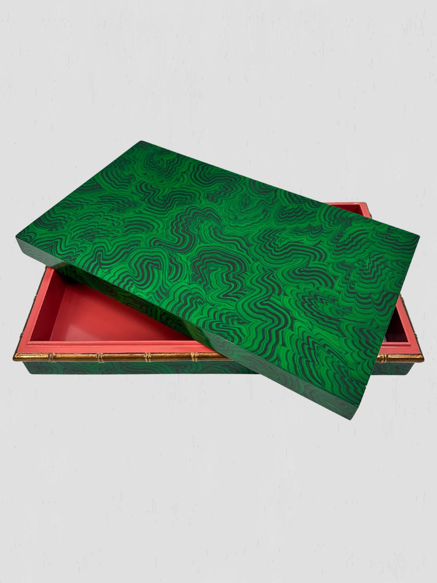 Large Lidded Malachite Painted Bamboo Box