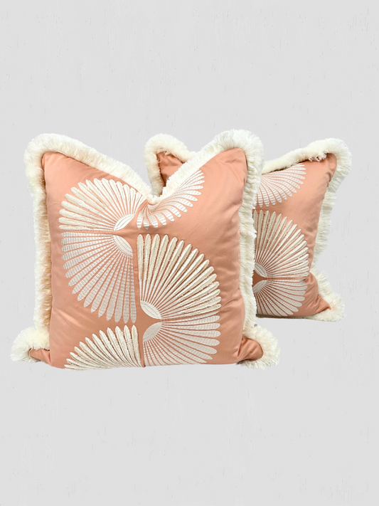 Blush Embroidered with Brush Fringe Pillow Pair